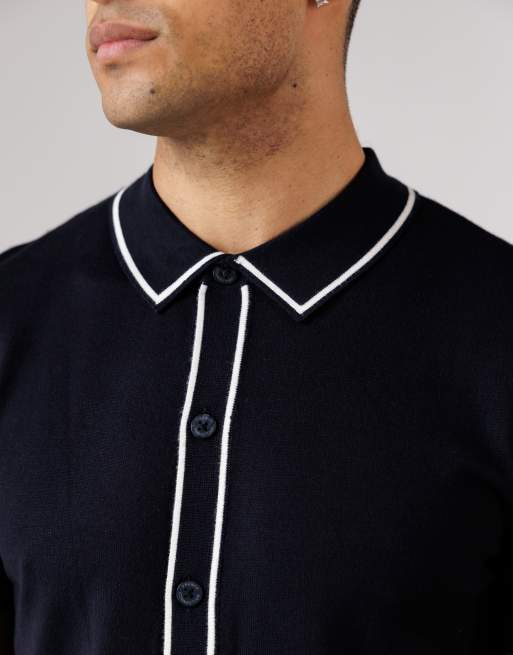 French Connection - Polo blu navy a maniche corte con bottoni e finiture a contrasto, 3 di 4