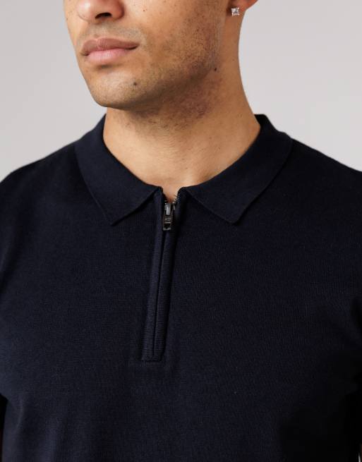 French Connection - Polo blu navy a maniche corte in cotone con zip corta, 2 di 4