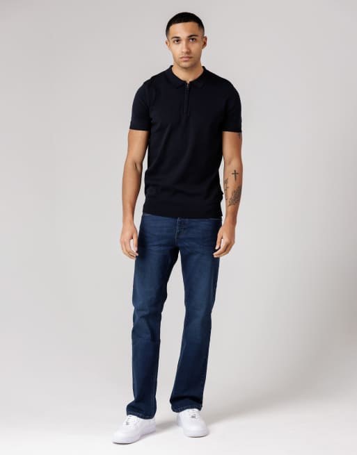 French Connection - Polo blu navy a maniche corte in cotone con zip corta, 3 di 4