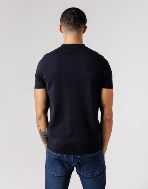 French Connection - Polo blu navy a maniche corte in cotone con zip corta, 4 di 4