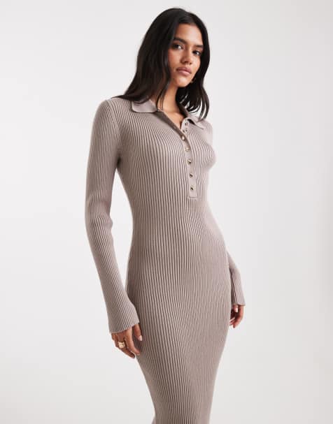 French Connection polo neck ribbed knit bodycon midi dress in neutral - view 1