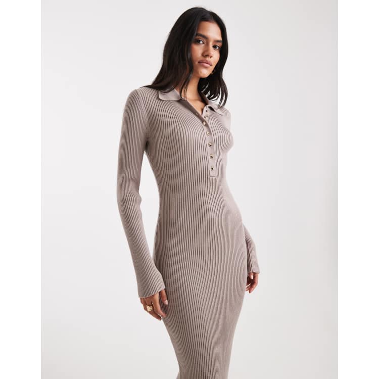 French Connection polo neck ribbed knit bodycon midi dress in neutral | ASOS
