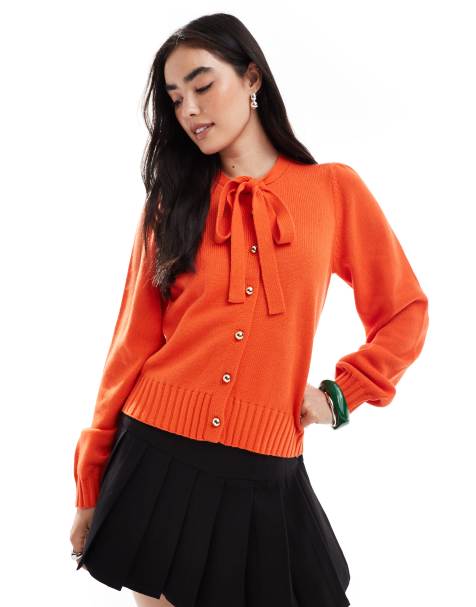 French Connection tie neck button up cardigan in flame orange