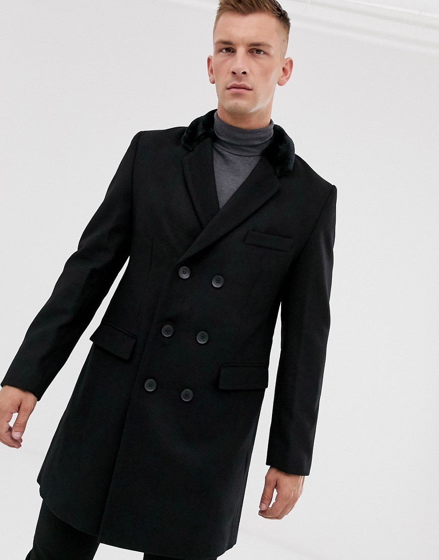 French Connection - Premium - Dobbeltradet overfrakke i uldblanding med krave i imiteret pels-Sort