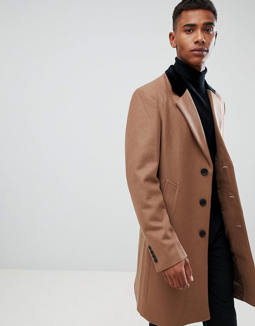 French Connection – Premium – Överrock med mycket ull och sammetskrage-Guldbrun