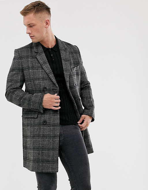 French Connection premium wool blend double breasted check overcoat | ASOS