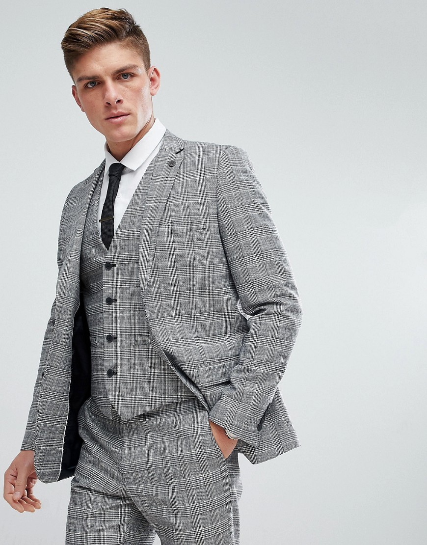 French Connection Prince Of Wales Blue Check Slim fit Suit Jacket-Grey
