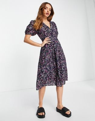 French Connection printed floral cotton v neck midi dress