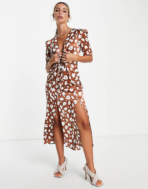 French Connection printed midi dress in brown