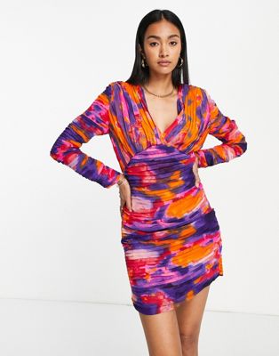 French Connection printed ruched mini dress in pink multi