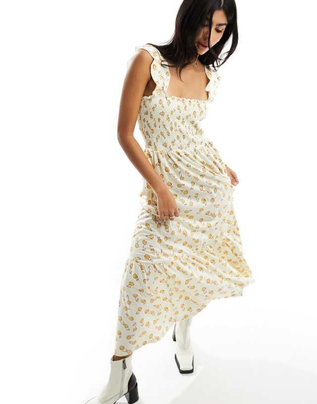 French Connection - printed shirred body maxi dress in cream