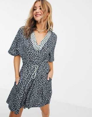French Connection printed tie waist mini dress in blue