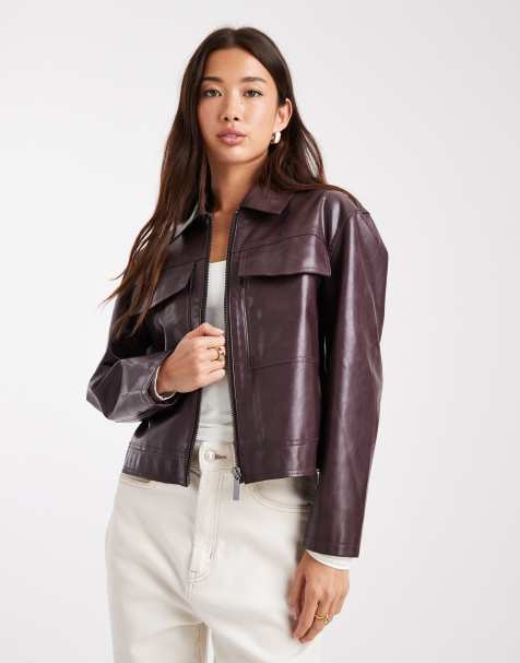 French Connection PU cropped boxy jacket in plum - view 1