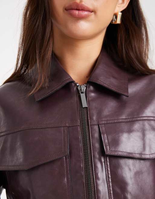 French Connection PU cropped boxy jacket in plum, 3 of 4