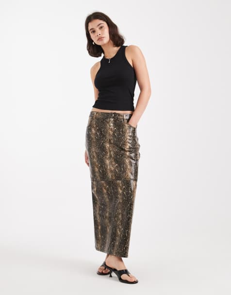 French Connection PU snake print midi skirt in multi - view 1