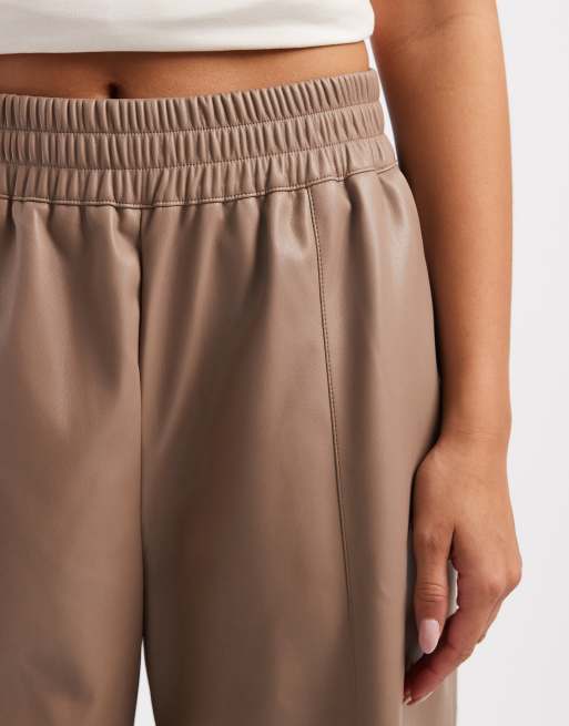 French Connection PU wide leg trousers with tie waist in taupe, 5 of 5
