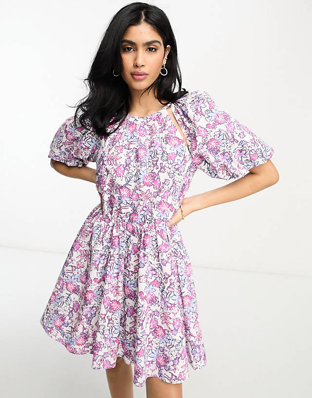 French Connection - puff sleeve cotton mini dress in floral
