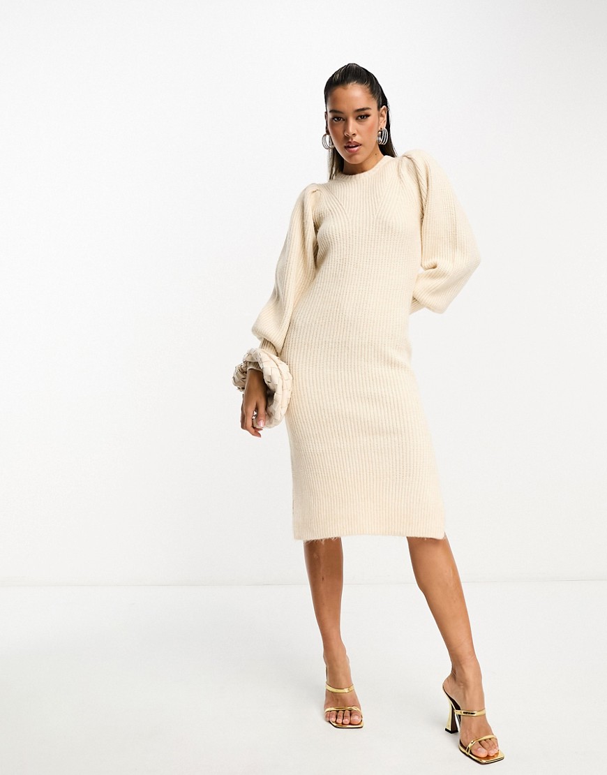 French Connection puff sleeve knit midi dress in oatmeal-Neutral