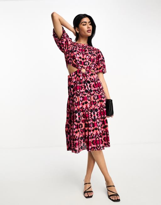 french connection cut out midi dress French Connection puff sleeve midi dress with ring detail cut out in pink  and black geo print