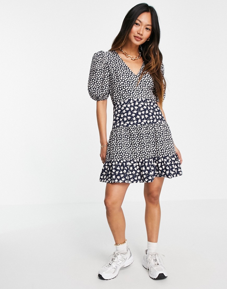 French Connection puff sleeve whimsy floral mini dress in blue-Blues
