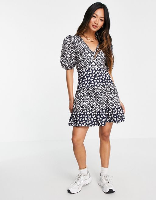 French Connection puff sleeve whimsy floral mini dress in blue | ASOS