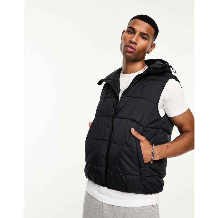 Black puffer gilet with hood hot sale