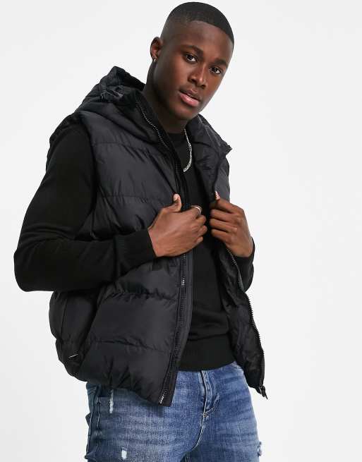 French Connection puffer gilet with hood in black | ASOS