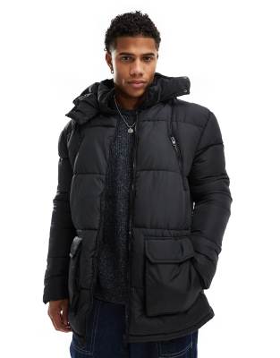 French Connection puffer jacket with hood and pockets in black