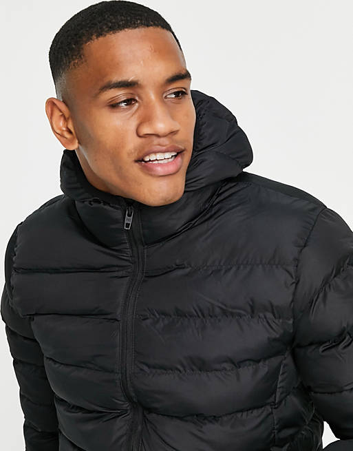 French Connection puffer jacket with hood in black | ASOS