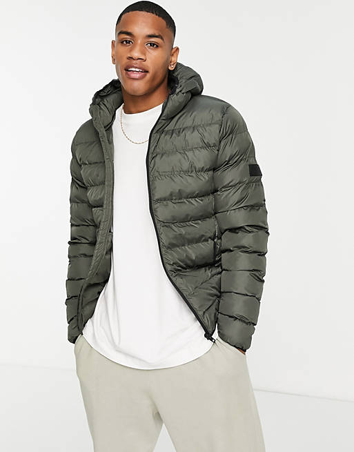 French Connection puffer jacket with hood in khaki | ASOS