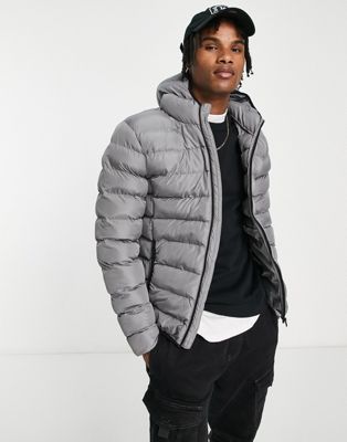 French Connection puffer jacket with hood in light grey