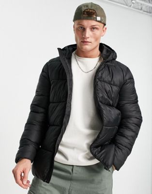 French Connection puffer jacket with hood in shiney black