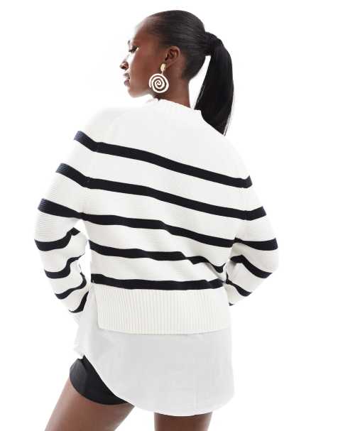 French Connection - Pull 2-en-1 rayé avec col cheminée et doublure chemise - Noir/blanc - view 1