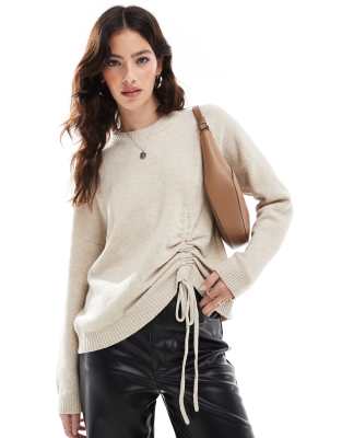 Thumbnail - French Connection - Pullover in Hellbeige mit Rundhalsausschnitt und geraffter Vorderseite mit Schnürung-Neutral