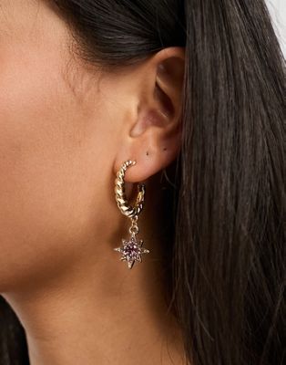 French Connection purple stone star drop hoop earrings in gold