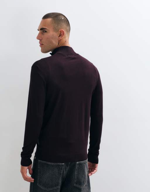 French Connection quarter zip knitted jumper in burgundy, 3 of 5