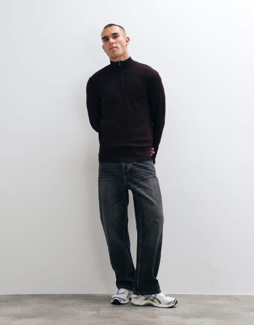 French Connection quarter zip knitted jumper in burgundy, 4 of 5