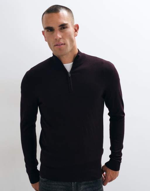 French Connection quarter zip knitted jumper in burgundy, 5 of 5