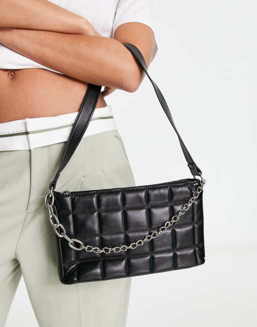 Black Leather-Look Quilted Chain Strap Cross Body Bag