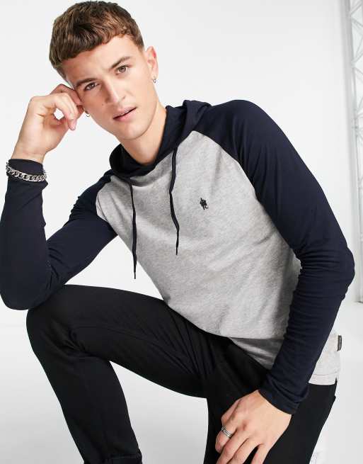 French Connection raglan long sleeve top with hood in light grey & navy