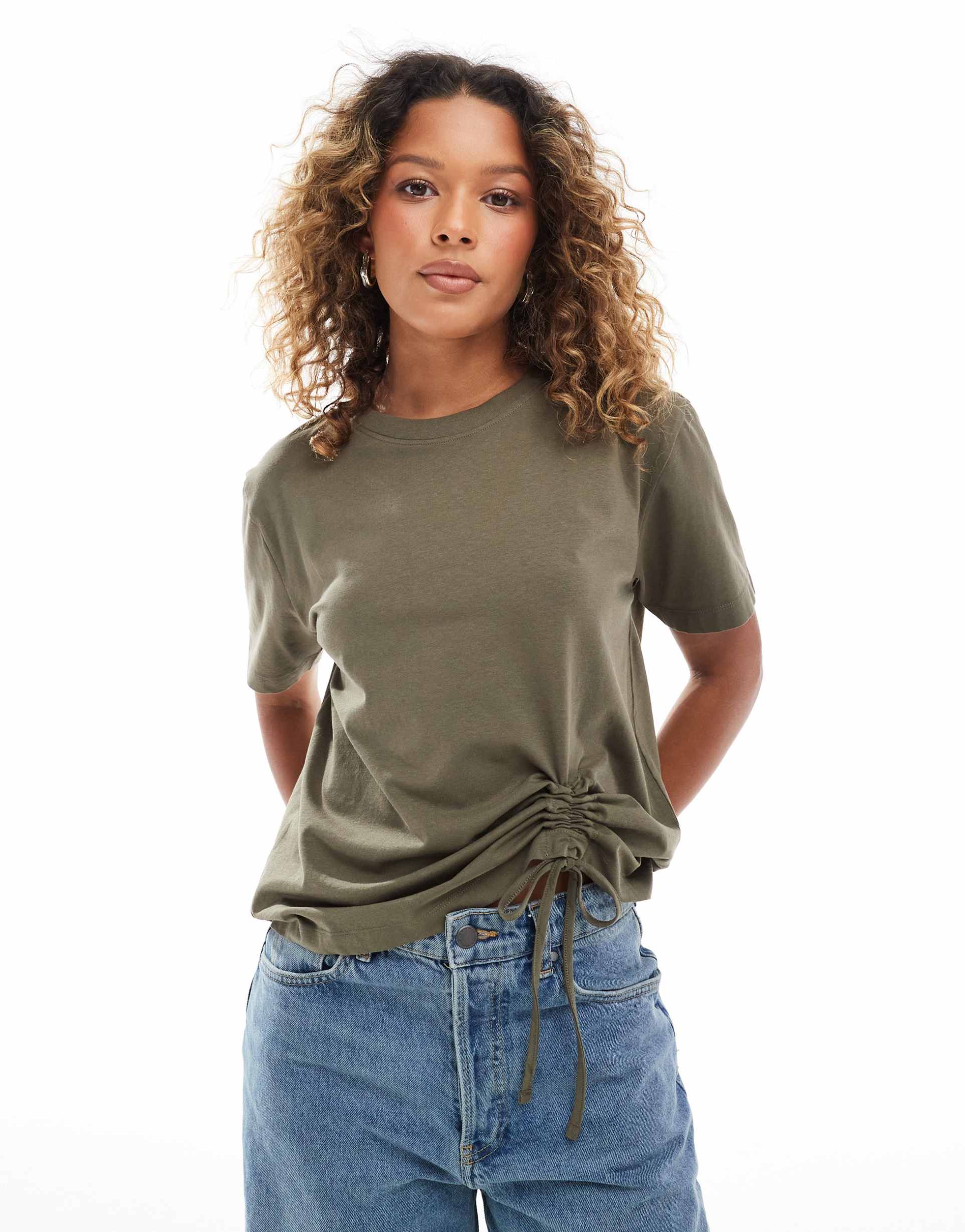 french connection rallie ruched cotton t-shirt in khaki