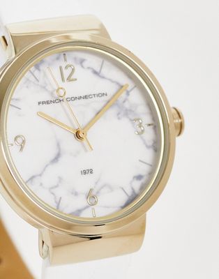 French Connection real leather strap watch in white with gold dial