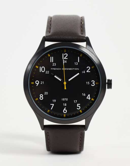 French Connection real leather strap watch with large dial in brown and ...