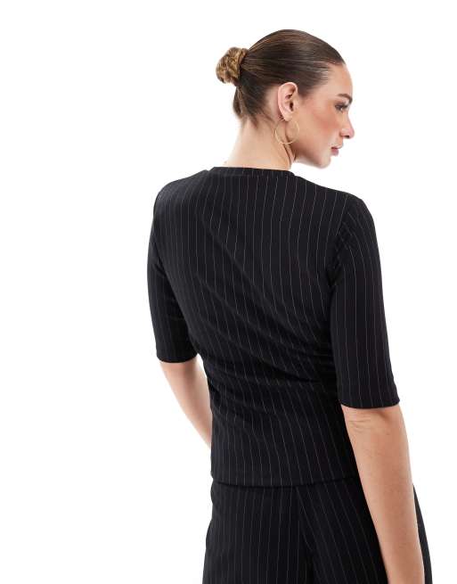 French Connection Regina fitted t-shirt co-ord in black pinstripe, 4 of 4