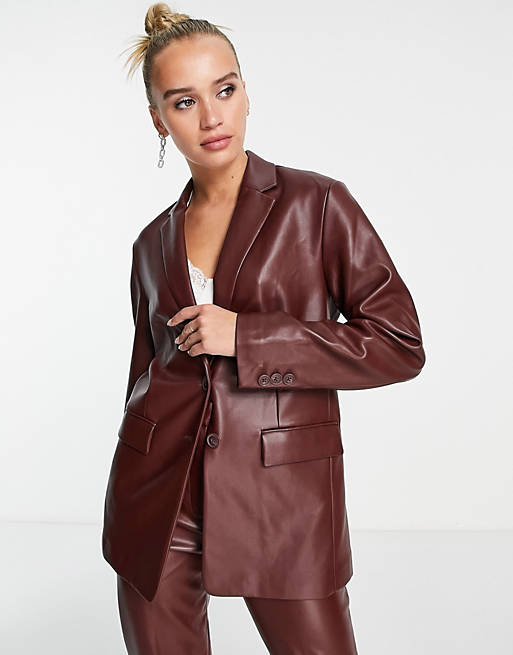 part of a set Asos Women Clothing Jackets Blazers Relaxed blazer in chocolate PU 