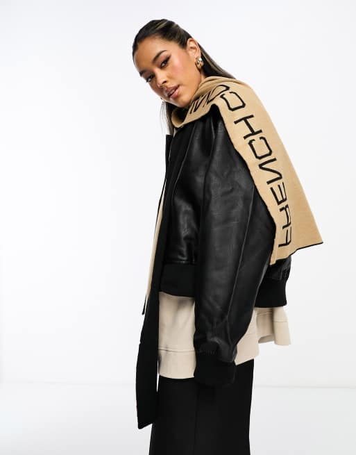 French Connection reversible logo scarf in black and light brown 