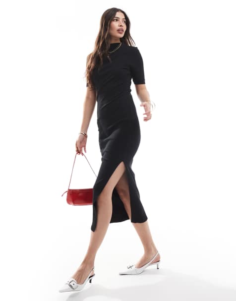 French Connection rib turtle neck midi dress with split in black  - view 1
