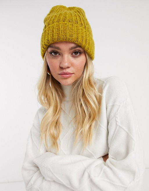 French Connection ribbed beanie hat in mustard marl