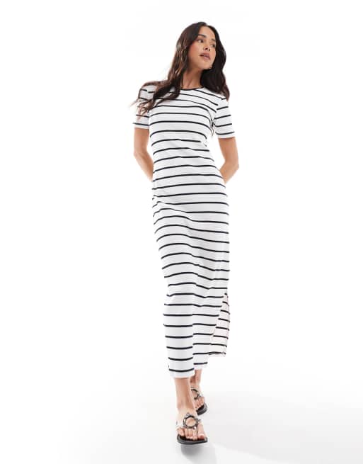 French Connection ribbed column maxi t-shirt dress in white and navy stripes