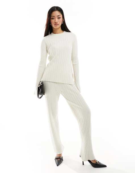 French Connection ribbed knit pants in ecru - part of a set - view 1